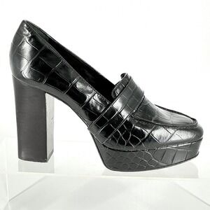 Vince Camuto Size 6 Black Croc Embossed Platform Loafer Pumps Block Heels